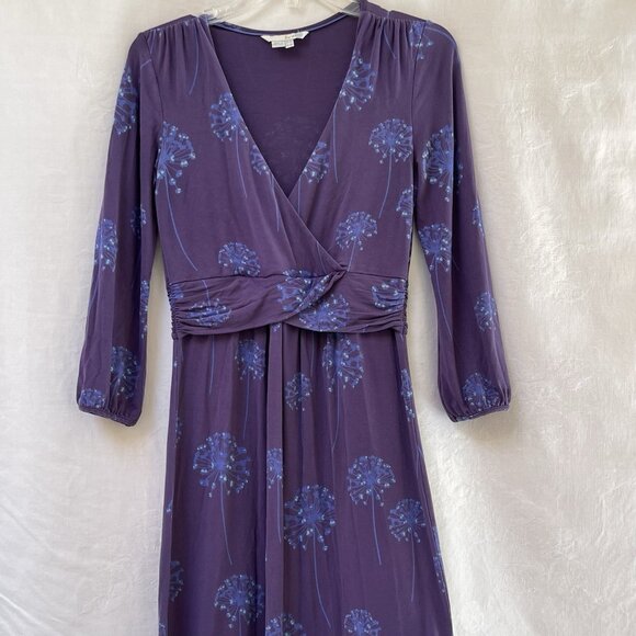 Boden Purple Floral Wrap Style Midi Dress Womens 4 R Stretch Party Boho Cottage - Picture 2 of 11